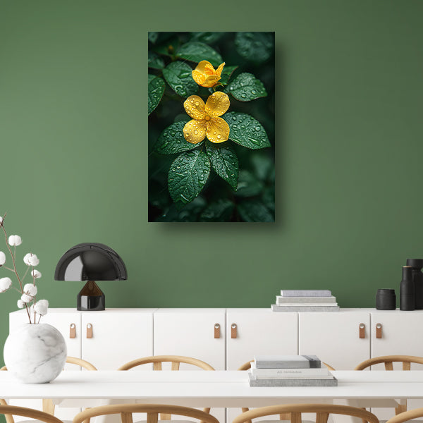 Gele bloem met dauwdruppels na de regen poster