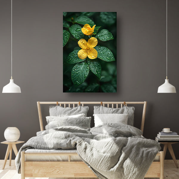 Gele bloem met dauwdruppels na de regen canvas
