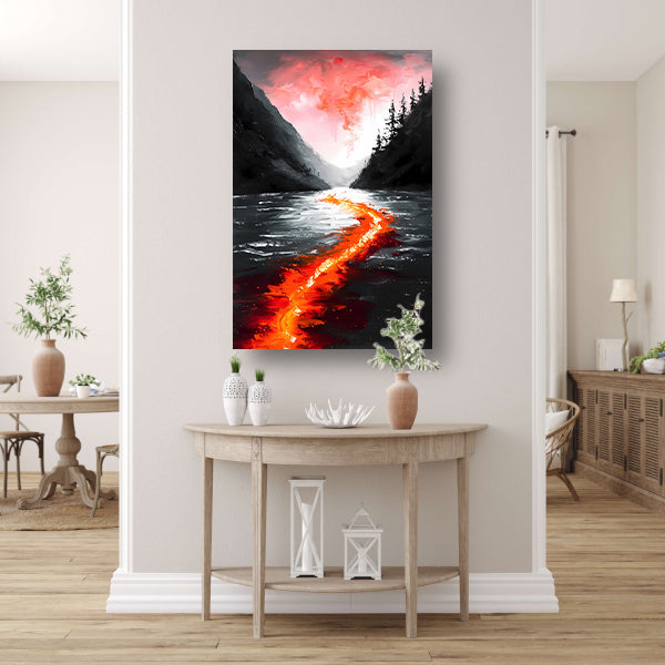 Abstracte rivier door een berglandschap poster