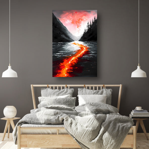 Abstracte rivier door een berglandschap poster