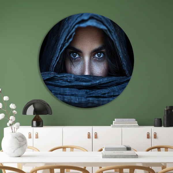 Mysterieuze Vrouw in Textielomhulsel aluminium muurcirkel