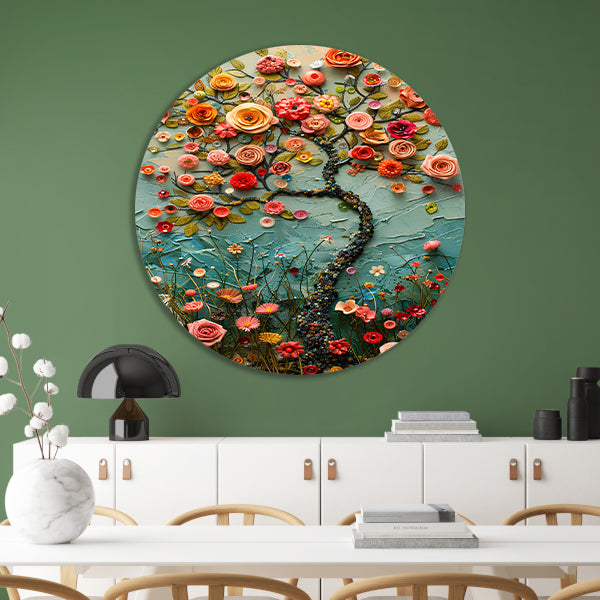 Kleurrijk Bloemenboom Schilderij voor Interieur aluminium muurcirkel