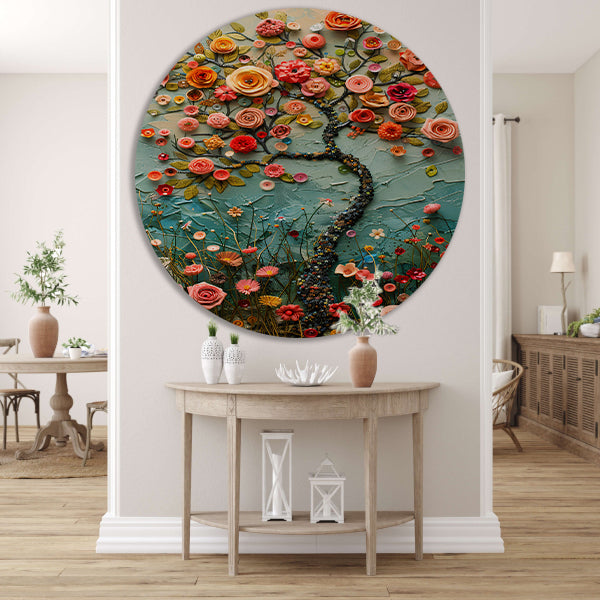 Kleurrijk Bloemenboom Schilderij voor Interieur aluminium muurcirkel