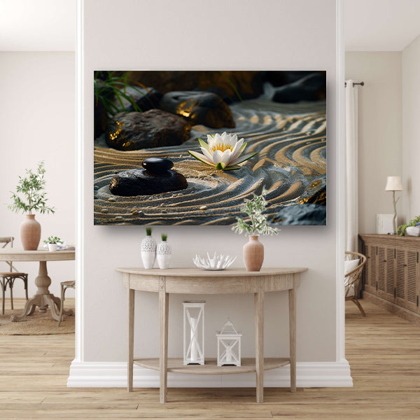Zen-tuin met waterlelie en geharkt zand canvas