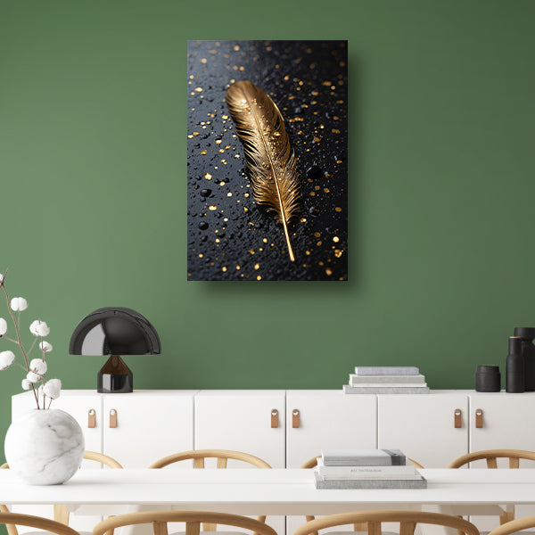 Gouden Veer met Druppels op Zwart canvas