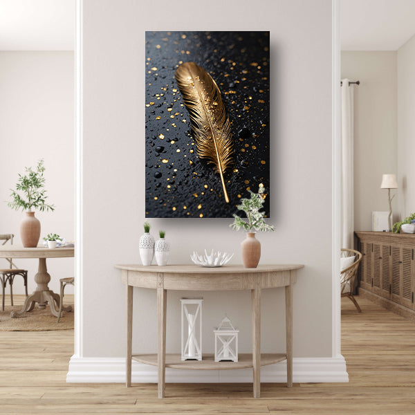 Gouden Veer met Druppels op Zwart canvas