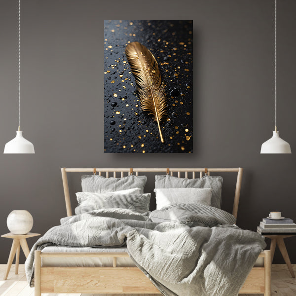 Gouden Veer met Druppels op Zwart canvas