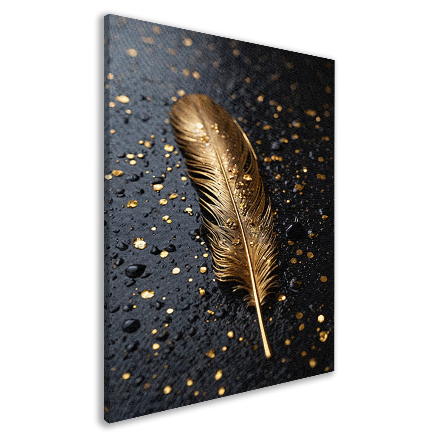 Gouden Veer met Druppels op Zwart canvas
