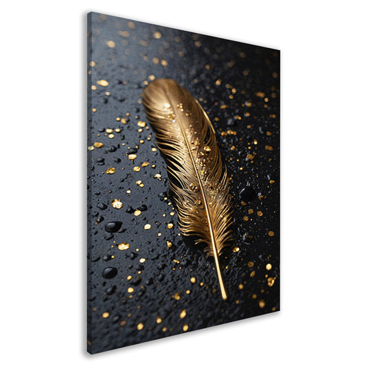Gouden Veer met Druppels op Zwart canvas