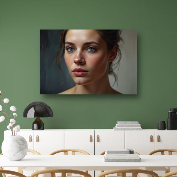 Jonge vrouw met dromerige blauwe ogen canvas met baklijst