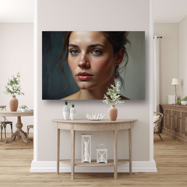 Jonge vrouw met dromerige blauwe ogen canvas met baklijst