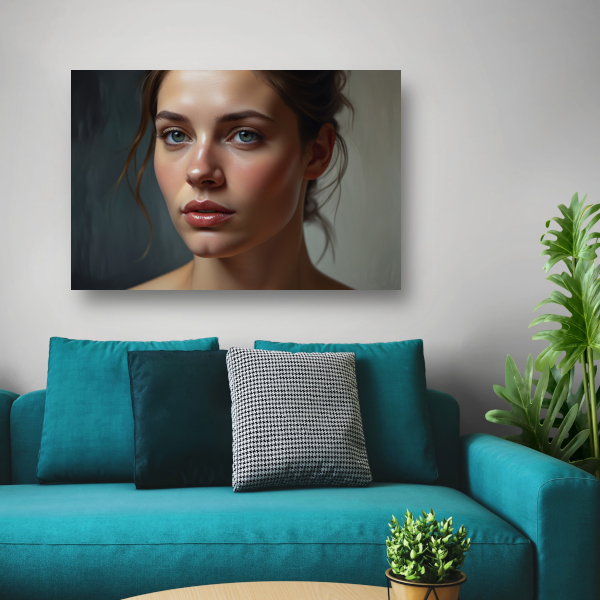Jonge vrouw met dromerige blauwe ogen canvas met baklijst
