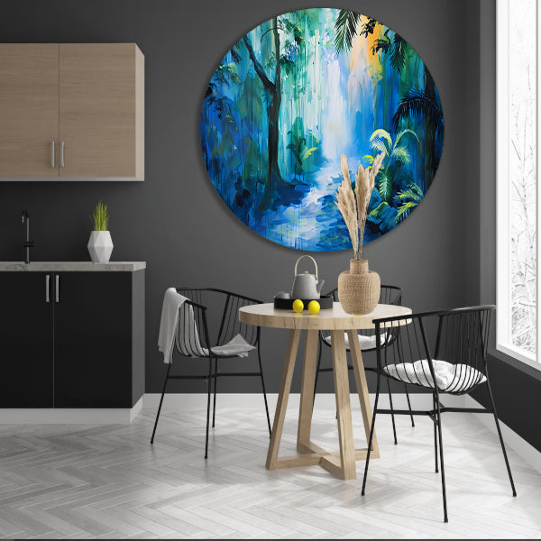 Abstract modern schilderij van boslandschap aluminium muurcirkel