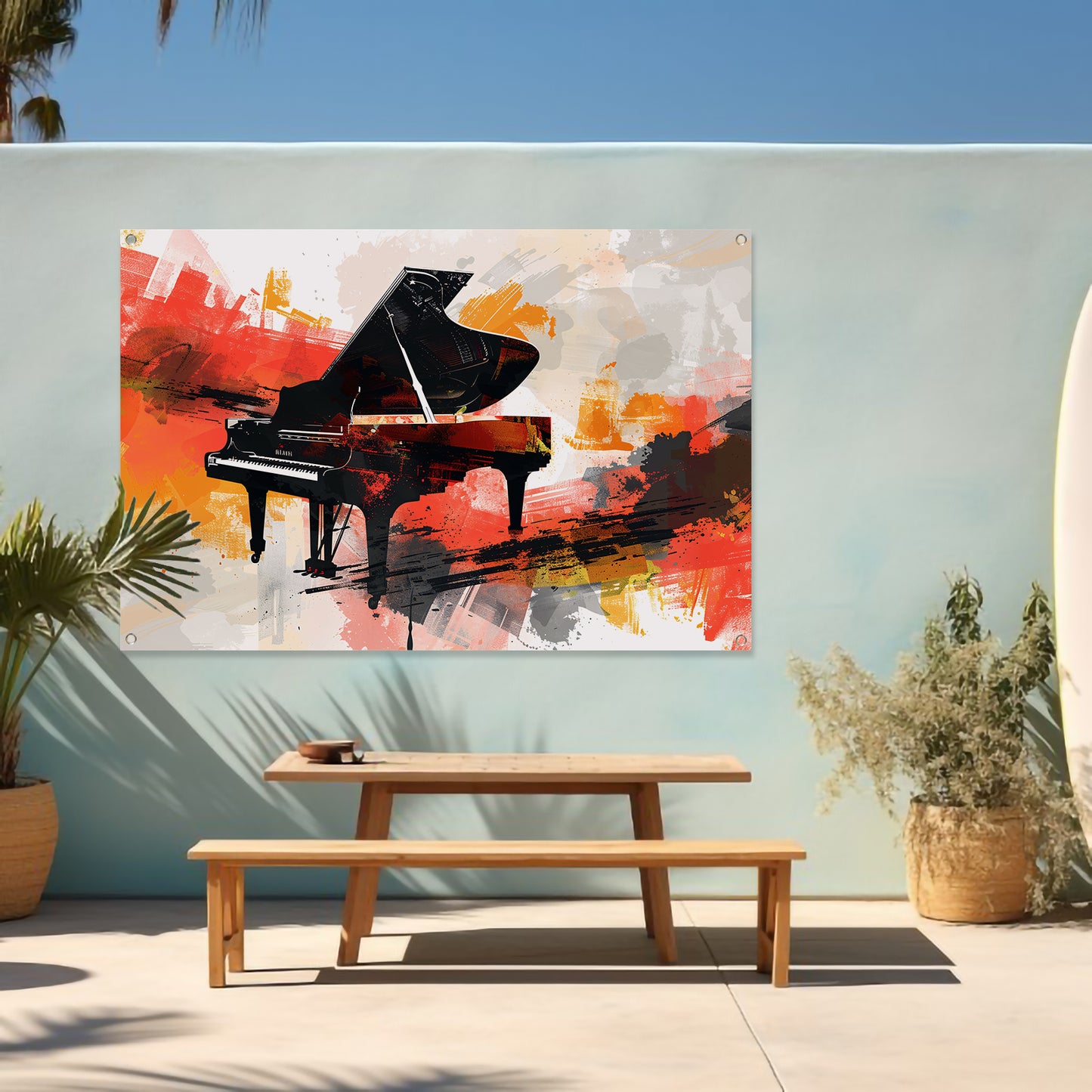 Abstracte piano met vurige kleurenexplosie tuinposter