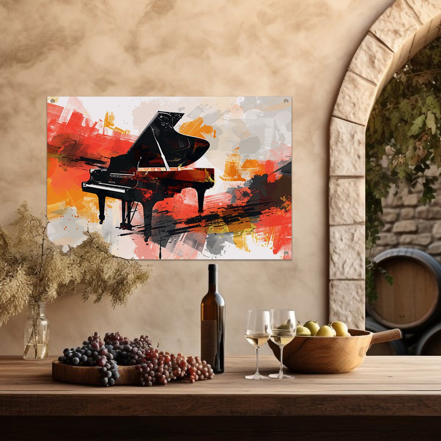 Abstracte piano met vurige kleurenexplosie tuinposter