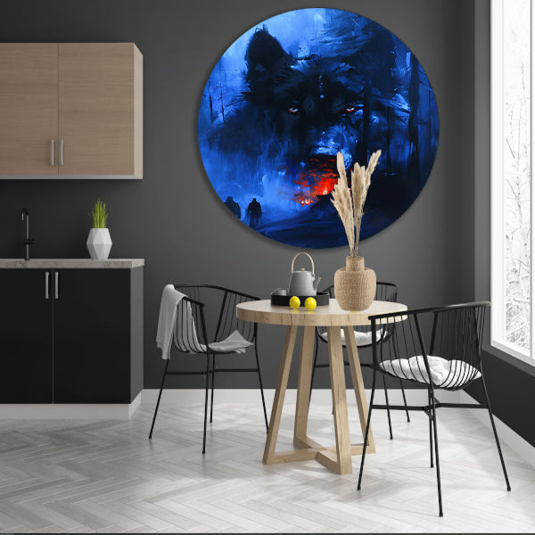 Mystieke wolf met vurige ogen in bos aluminium muurcirkel