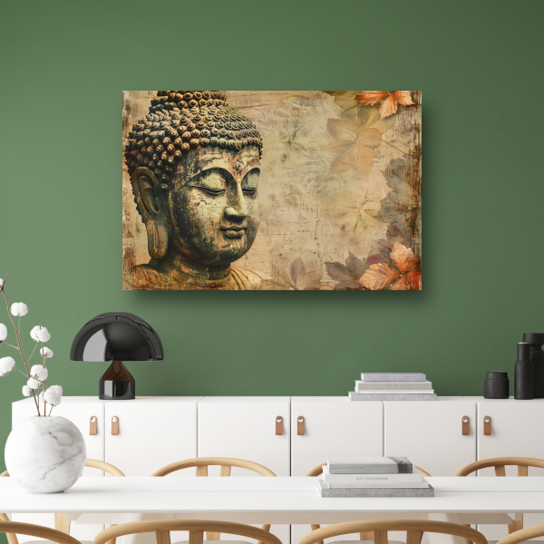 Serene Boeddha met herfstbladeren in sepia canvas met baklijst