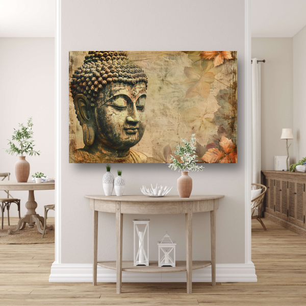 Serene Boeddha met herfstbladeren in sepia canvas met baklijst