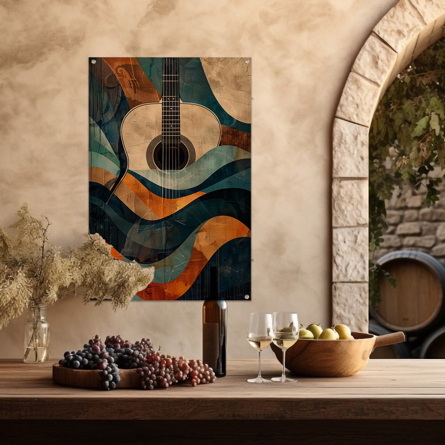 Abstract gitaar in golven van kleur tuinposter