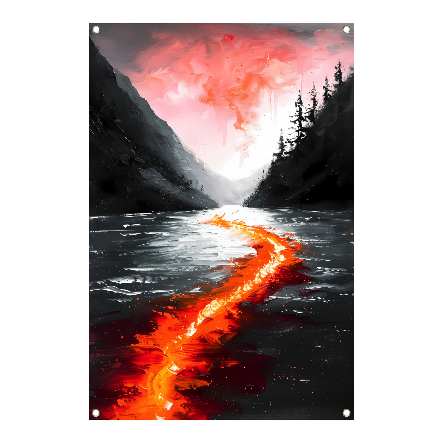 Abstracte rivier door een berglandschap tuinposter