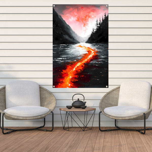 Abstracte rivier door een berglandschap tuinposter