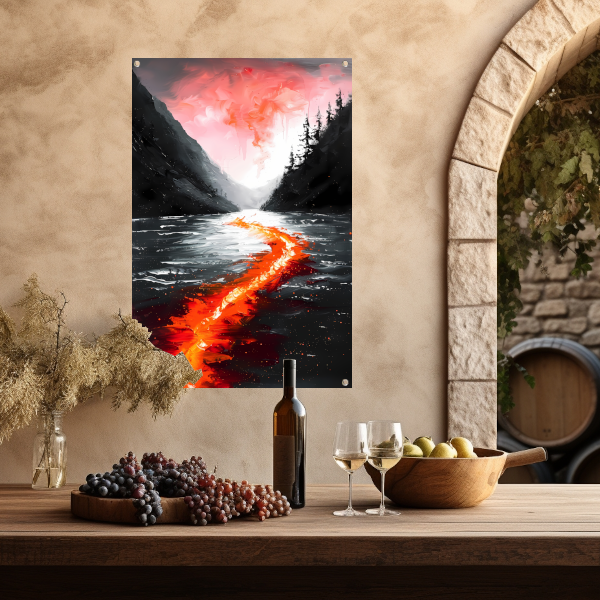 Abstracte rivier door een berglandschap tuinposter