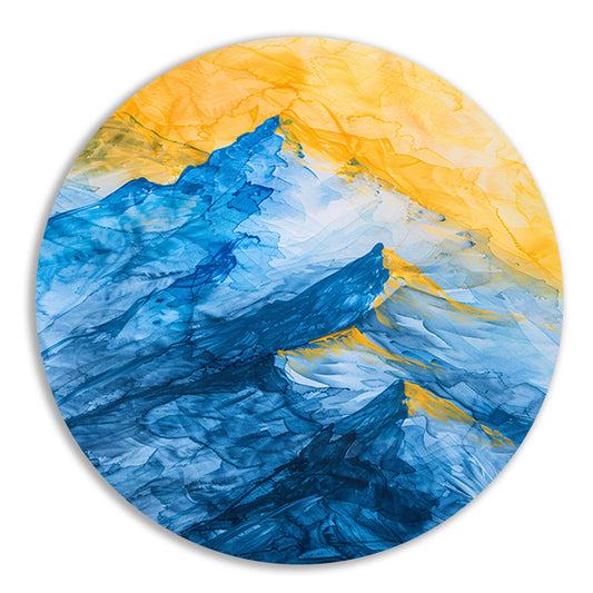 Abstract aquarel berglandschap in blauw en geel aluminium muurcirkel