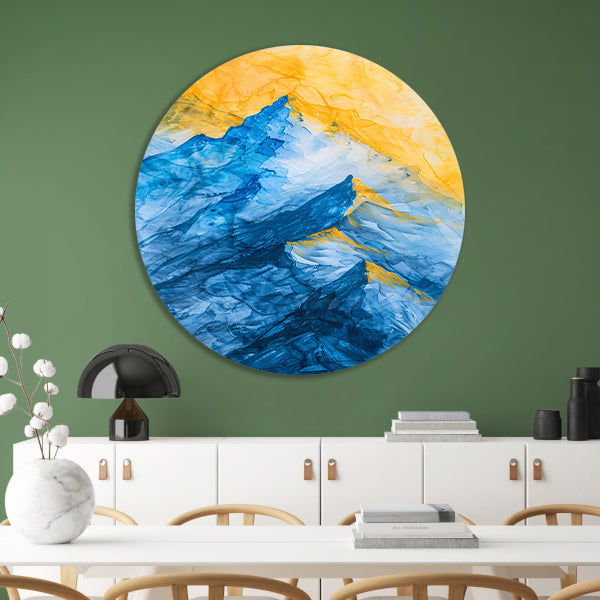 Abstract aquarel berglandschap in blauw en geel forex muurcirkel