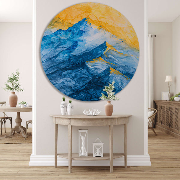 Abstract aquarel berglandschap in blauw en geel forex muurcirkel