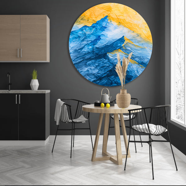 Abstract aquarel berglandschap in blauw en geel aluminium muurcirkel