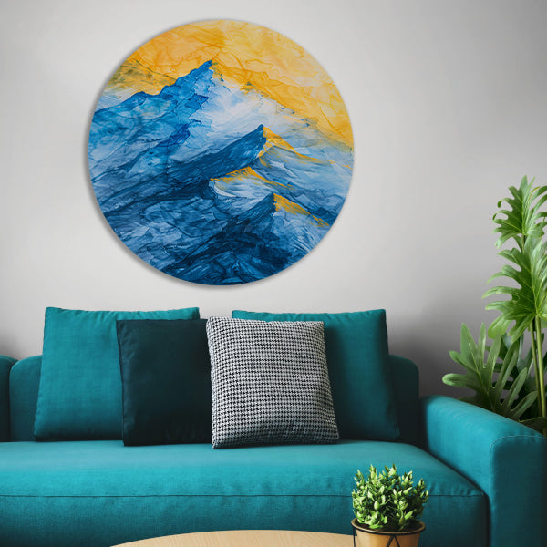 Abstract aquarel berglandschap in blauw en geel forex muurcirkel