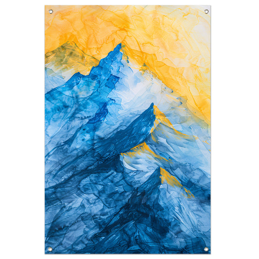 Abstract aquarel berglandschap in blauw en geel tuinposter