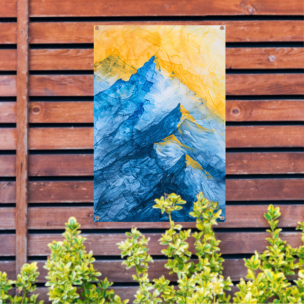 Abstract aquarel berglandschap in blauw en geel tuinposter