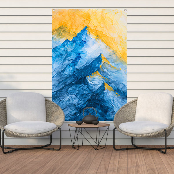 Abstract aquarel berglandschap in blauw en geel tuinposter