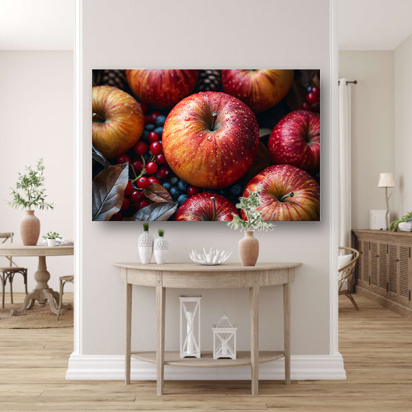 Kleurrijke ochtenddauw op verse appels poster