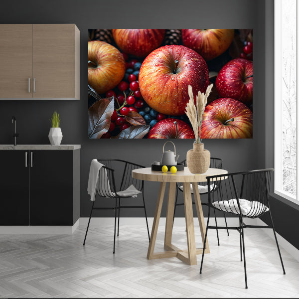 Kleurrijke ochtenddauw op verse appels poster