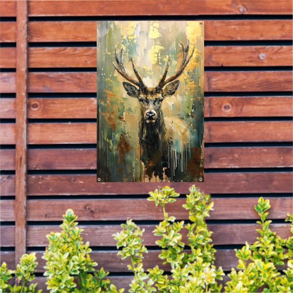 Abstract hertenschilderij met groene en gouden tinten tuinposter