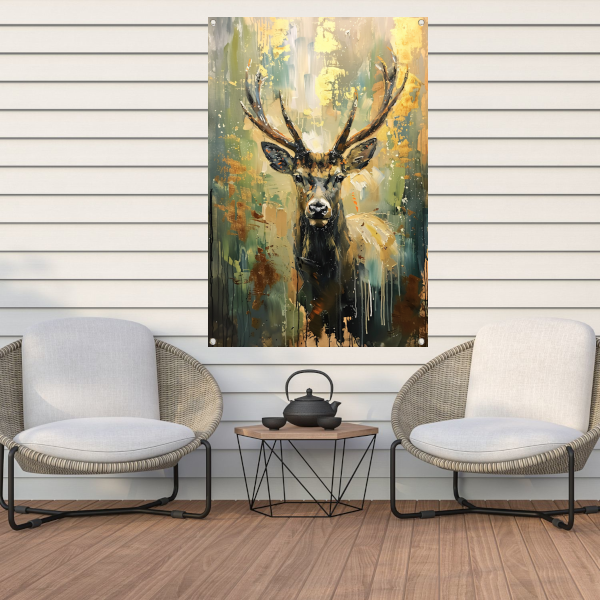 Abstract hertenschilderij met groene en gouden tinten tuinposter