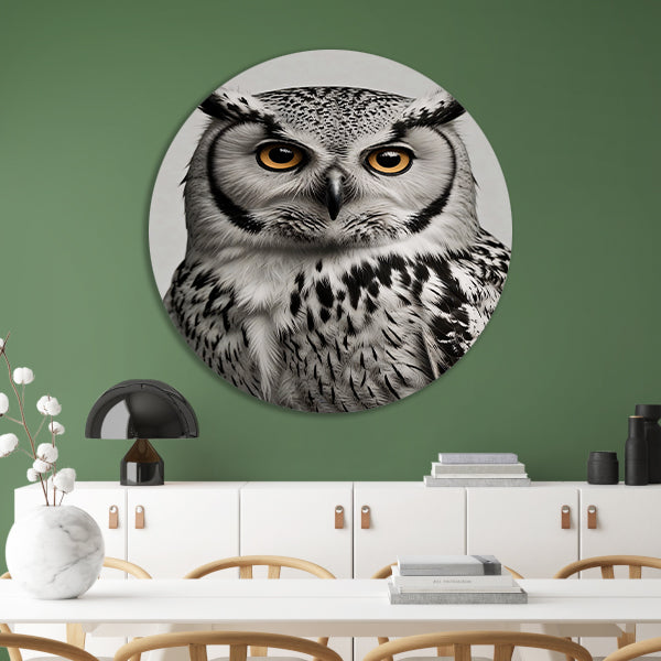 Portret van een majestueuze uil in zwart-wit aluminium muurcirkel