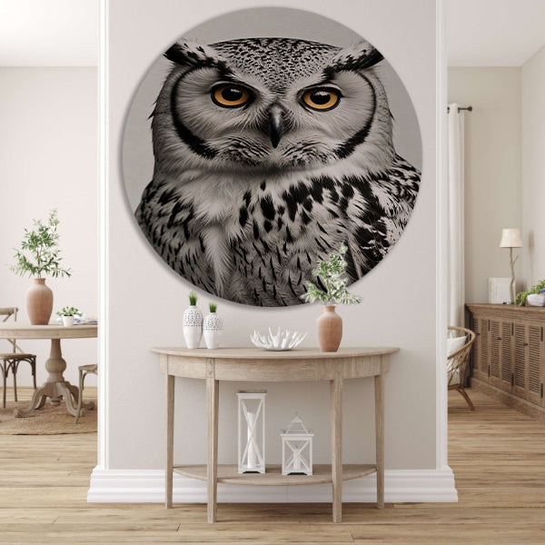 Portret van een majestueuze uil in zwart-wit aluminium muurcirkel