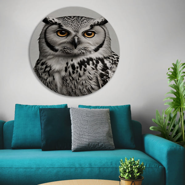 Portret van een majestueuze uil in zwart-wit aluminium muurcirkel