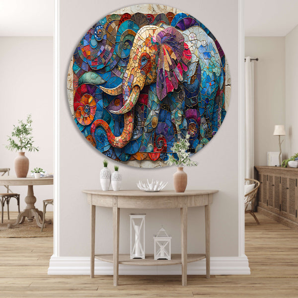 Kleurrijk Mozaïek van een Olifant met Bloemen aluminium muurcirkel