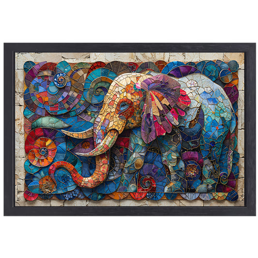 Kleurrijk Mozaïek van een Olifant met Bloemen canvas met baklijst