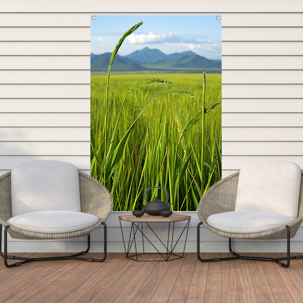 Dauwdruppels op groene grassprieten tuinposter