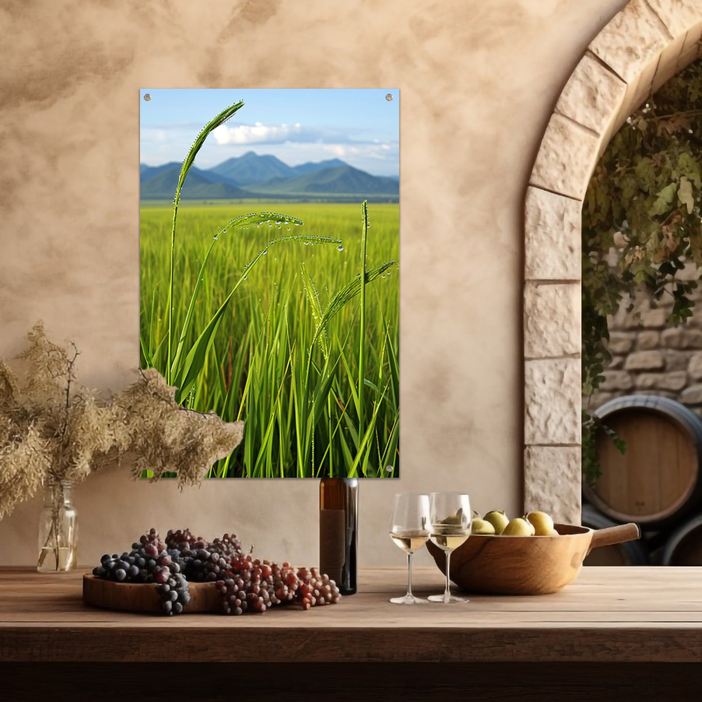 Dauwdruppels op groene grassprieten tuinposter