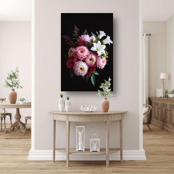 Gevarieerd bloemenboeket tegen donkere achtergrond acrylglas