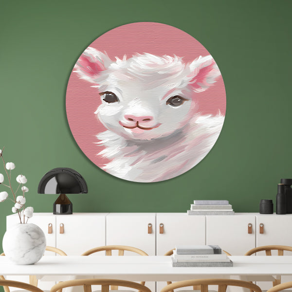 Schattig lammetje met roze achtergrond schilderij aluminium muurcirkel