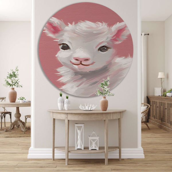 Schattig lammetje met roze achtergrond schilderij aluminium muurcirkel