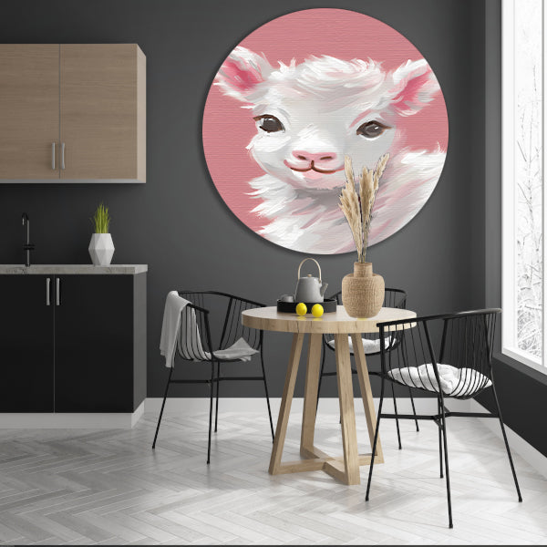 Schattig lammetje met roze achtergrond schilderij aluminium muurcirkel