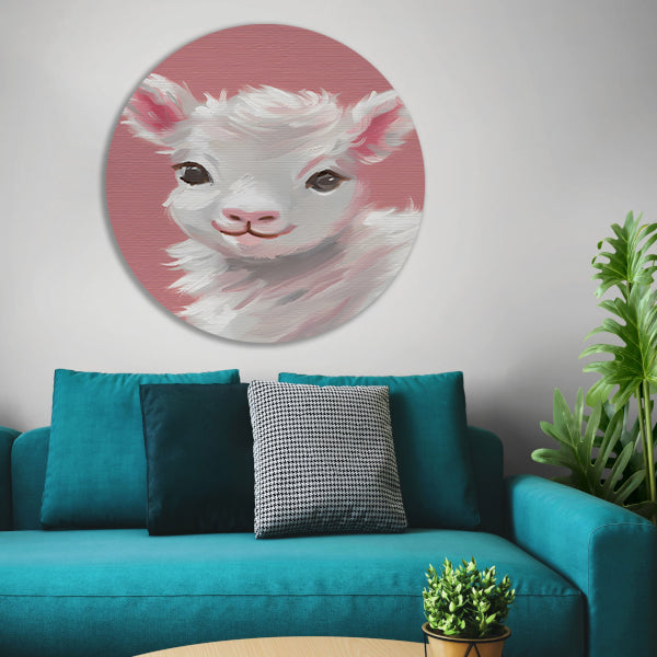 Schattig lammetje met roze achtergrond schilderij aluminium muurcirkel